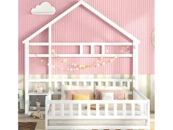 Cama infantil 140x200cm com mesa de cabeceira e grades de segurança - base de ripas - Branco