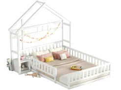 Cama infantil 140x200cm com mesa de cabeceira e grades de segurança - base de ripas - Branco