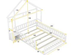 Cama infantil 140x200cm com mesa de cabeceira e grades de segurança - base de ripas - Branco