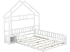 Cama infantil 140x200cm com mesa de cabeceira e grades de segurança - base de ripas - Branco