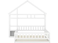 Cama infantil 140x200cm com mesa de cabeceira e grades de segurança - base de ripas - Branco