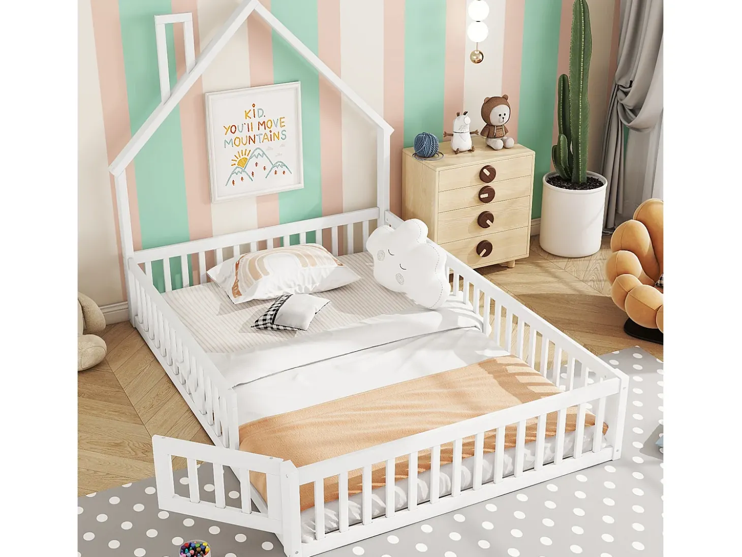 Cama infantil 140x200cm em madeira maciça - com base de ripas - Branca