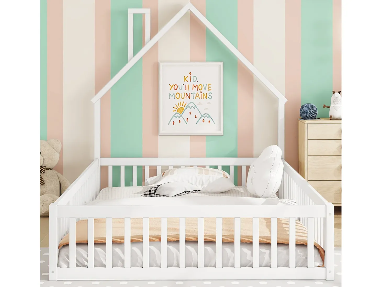 Cama infantil 140x200cm em madeira maciça - com base de ripas - Branca