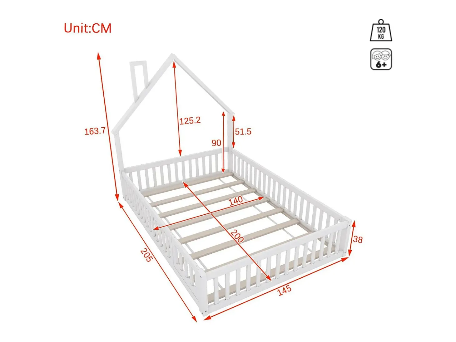 Cama infantil 140x200cm em madeira maciça - com base de ripas - Branca