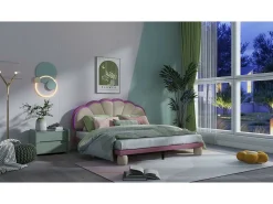Cama infantil 90x200cm em veludo com LED - cabeceira em forma de concha - com base de ripas - Rosa