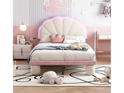 Cama infantil 90x200cm em veludo com LED - cabeceira em forma de concha - com base de ripas - Rosa