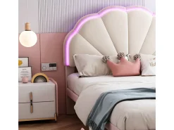 Cama infantil 90x200cm em veludo com LED - cabeceira em forma de concha - com base de ripas - Rosa