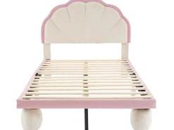 Cama infantil 90x200cm em veludo com LED - cabeceira em forma de concha - com base de ripas - Rosa