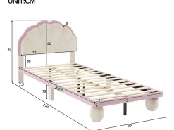 Cama infantil 90x200cm em veludo com LED - cabeceira em forma de concha - com base de ripas - Rosa