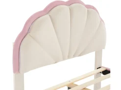 Cama infantil 90x200cm em veludo com LED - cabeceira em forma de concha - com base de ripas - Rosa