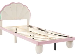 Cama infantil 90x200cm em veludo com LED - cabeceira em forma de concha - com base de ripas - Rosa