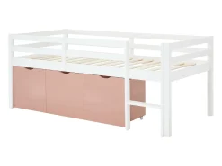 Cama meia-altura 90 x 190 cm com arrumação em pinho e mdf branco e rosa - LANIORI