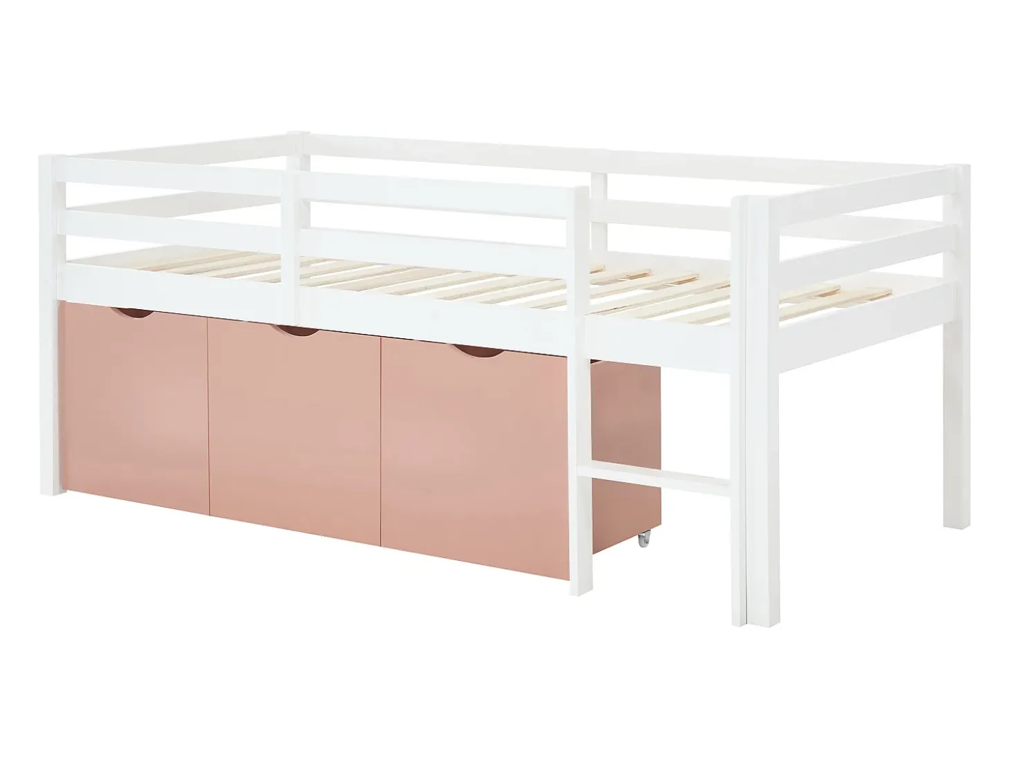 Cama meia-altura 90 x 190 cm com arrumação em pinho e mdf branco e rosa - LANIORI