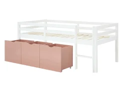 Cama meia-altura 90 x 190 cm com arrumação em pinho e mdf branco e rosa - LANIORI