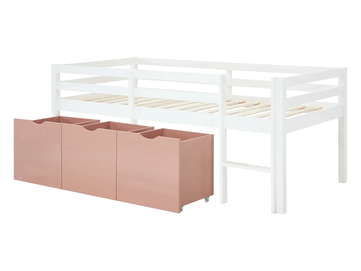 Cama meia-altura 90 x 190 cm com arrumação em pinho e mdf branco e rosa - LANIORI