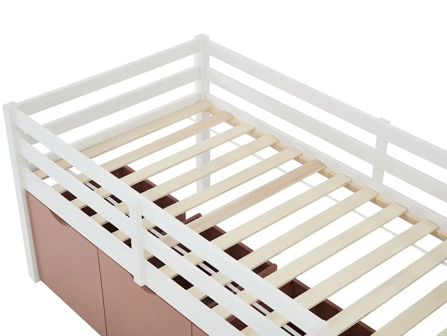 Cama meia-altura 90 x 190 cm com arrumação em pinho e mdf branco e rosa - LANIORI