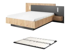 Cama mesas de cabeceira, 2 gavetas 140x190 cm, LEDs natural e antracite + estrado FRANCOLI