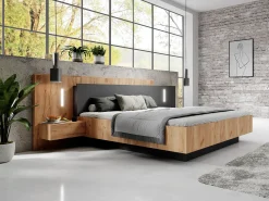 Cama mesas de cabeceira 160 x 200 cm LEDs natural e antracite + estrado + colchão FRANCOLI