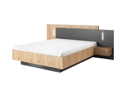 Cama mesas de cabeceira 160 x 200 cm LEDs natural e antracite + estrado + colchão FRANCOLI