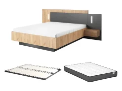 Cama mesas de cabeceira 160 x 200 cm LEDs natural e antracite + estrado + colchão FRANCOLI