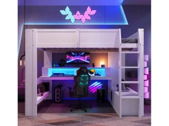 Cama mezanino 140×200 cm - com escrivaninha - com iluminação LED - com 1 gaveta - com prateleira - branco (sem colchão)