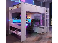 Cama mezanino 140×200 cm - com escrivaninha - com iluminação LED - com 1 gaveta - com prateleira - branco (sem colchão)