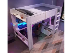 Cama mezanino 140×200 cm - com escrivaninha - com iluminação LED - com 1 gaveta - com prateleira - branco (sem colchão)