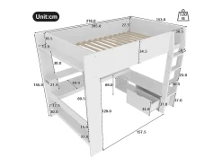 Cama mezanino 140×200 cm - com escrivaninha - com iluminação LED - com 1 gaveta - com prateleira - branco (sem colchão)