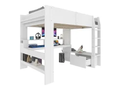 Cama mezanino 140×200 cm - com escrivaninha - com iluminação LED - com 1 gaveta - com prateleira - branco (sem colchão)