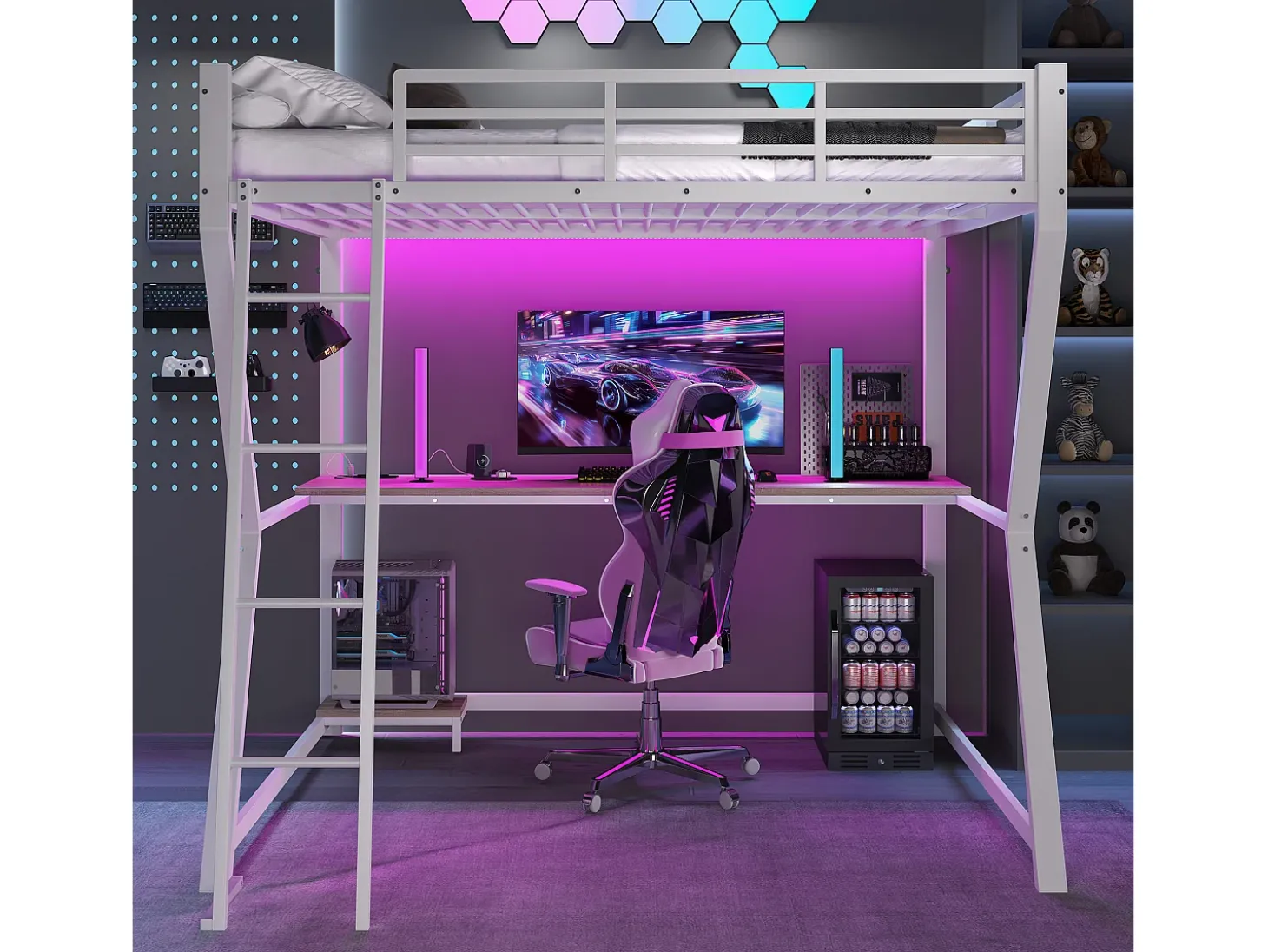 Cama mezanino 140×200 cm - com iluminação LED - com escrivaninha - tomada + USB - com escada - branco