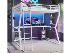 Cama mezanino 140×200 cm - com iluminação LED - com escrivaninha - tomada + USB - com escada - branco