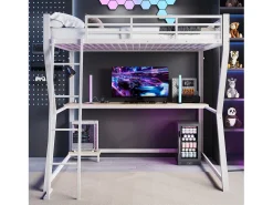 Cama mezanino 140×200 cm - com iluminação LED - com escrivaninha - tomada + USB - com escada - branco