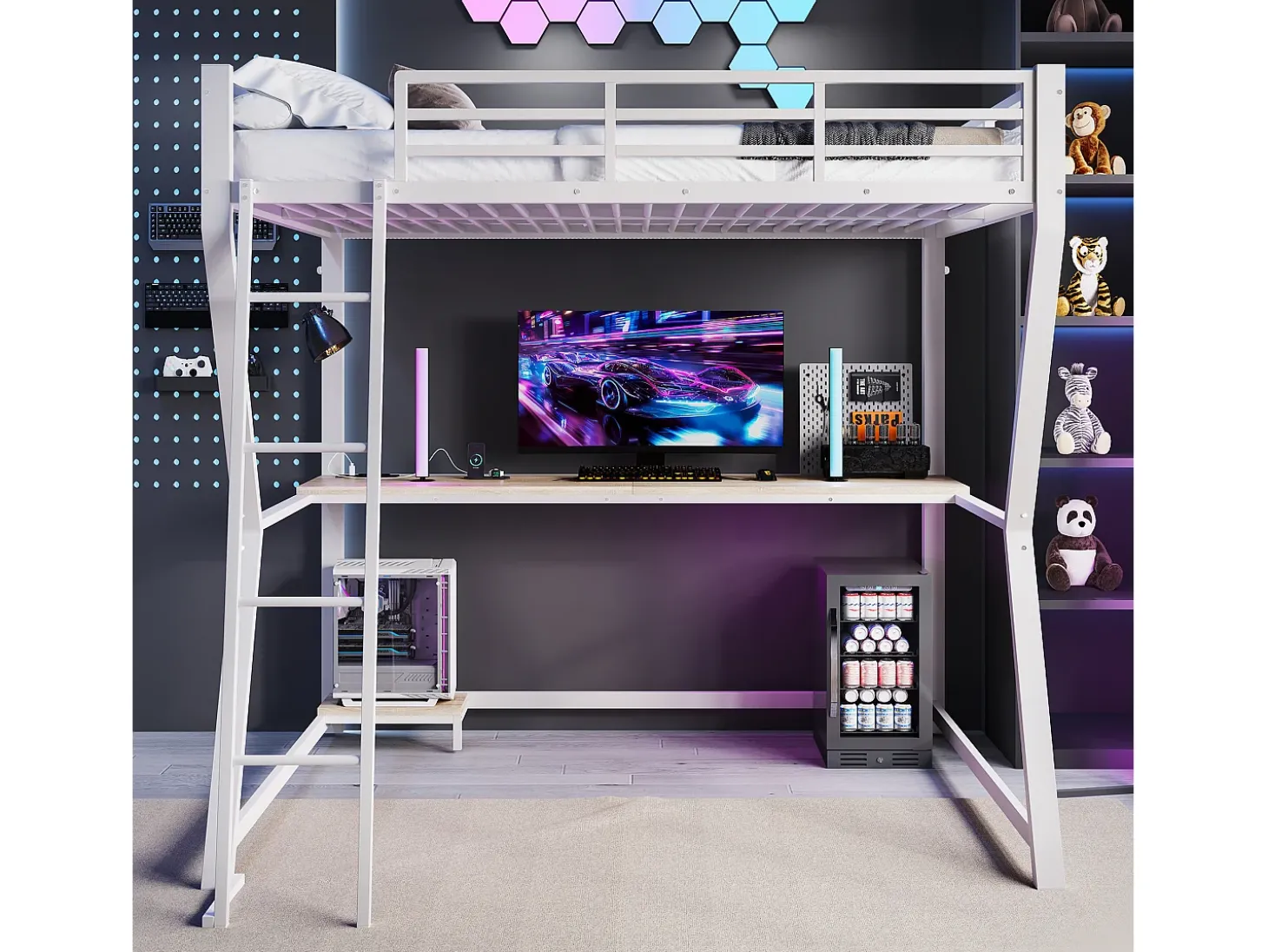 Cama mezanino 140×200 cm - com iluminação LED - com escrivaninha - tomada + USB - com escada - branco