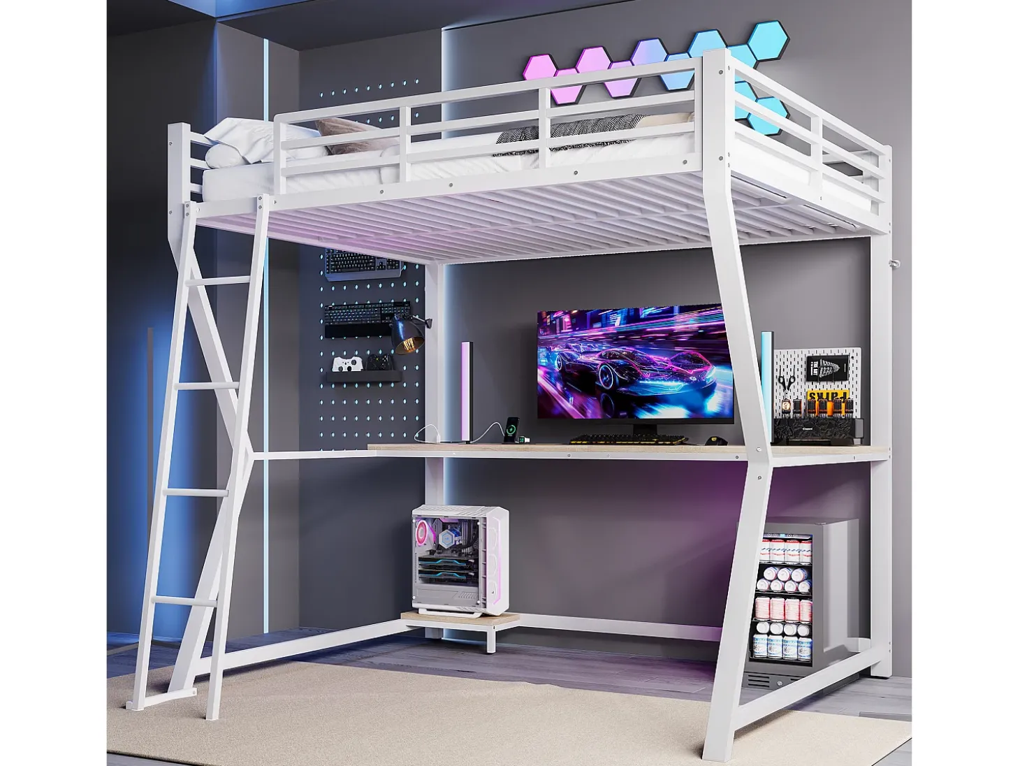 Cama mezanino 140×200 cm - com iluminação LED - com escrivaninha - tomada + USB - com escada - branco