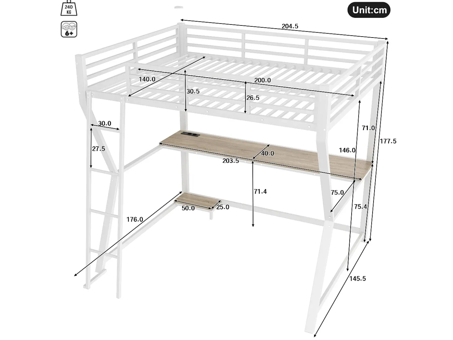 Cama mezanino 140×200 cm - com iluminação LED - com escrivaninha - tomada + USB - com escada - branco