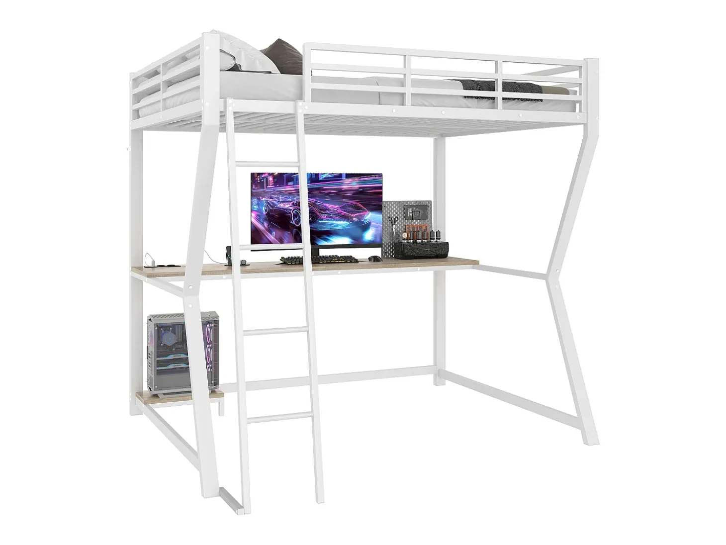 Cama mezanino 140×200 cm - com iluminação LED - com escrivaninha - tomada + USB - com escada - branco