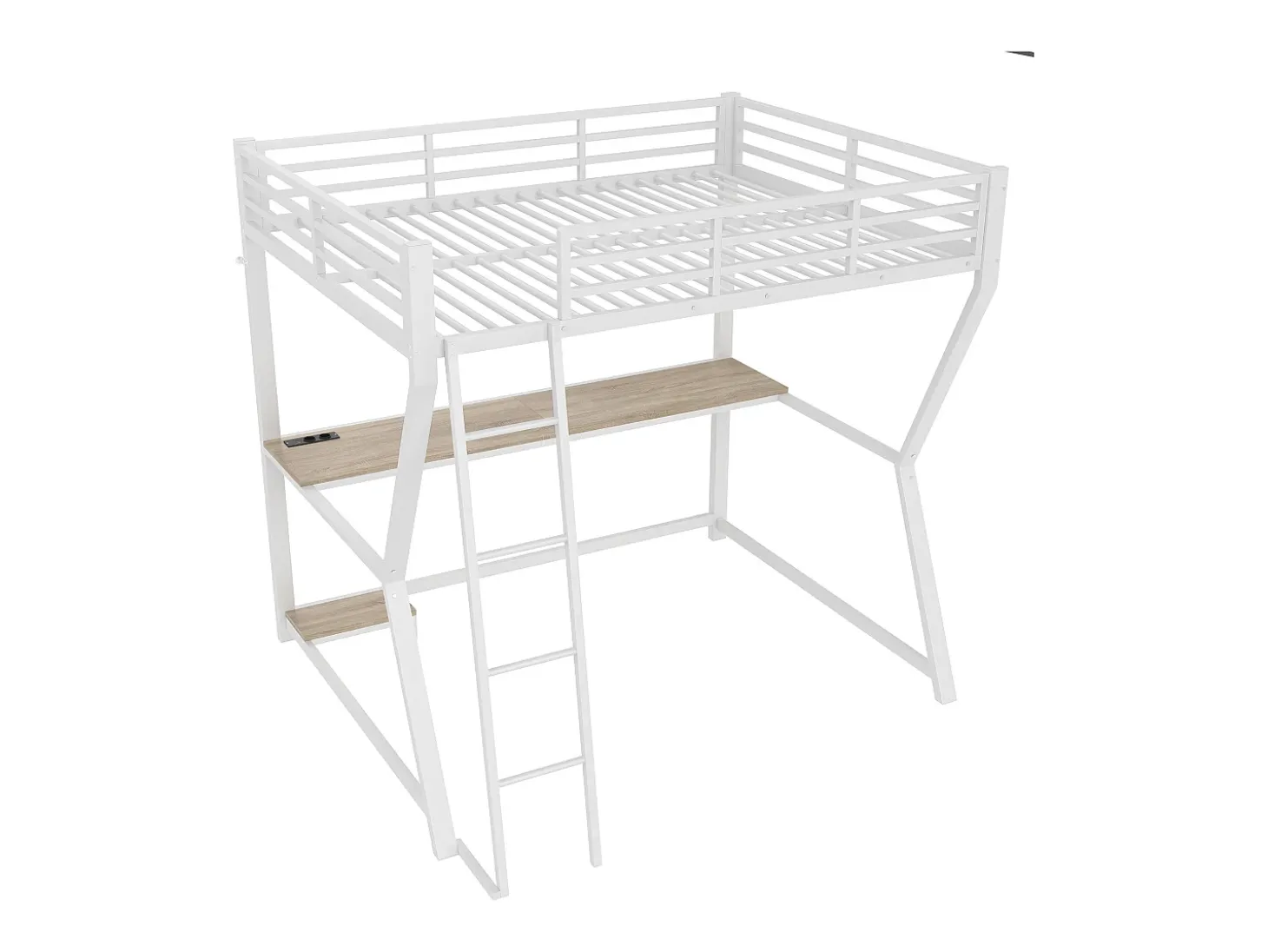 Cama mezanino 140×200 cm - com iluminação LED - com escrivaninha - tomada + USB - com escada - branco