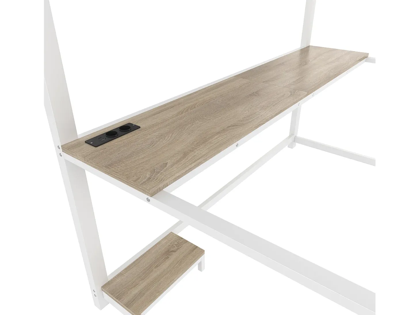 Cama mezanino 140×200 cm - com iluminação LED - com escrivaninha - tomada + USB - com escada - branco
