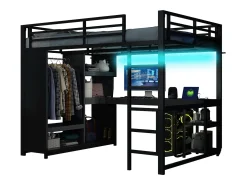 Cama mezanino 140×200 cm - com LED - com escrivaninha e armário aberto - Metal - Preto (sem colchão)