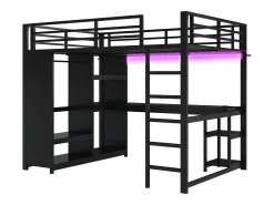 Cama mezanino 140×200 cm - com LED - com escrivaninha e armário aberto - Metal - Preto (sem colchão)