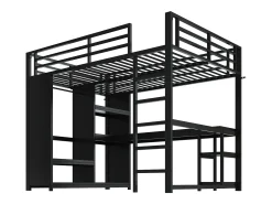 Cama mezanino 140×200 cm - com LED - com escrivaninha e armário aberto - Metal - Preto (sem colchão)
