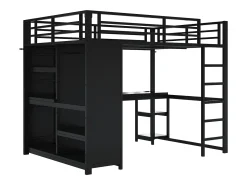 Cama mezanino 140×200 cm - com LED - com escrivaninha e armário aberto - Metal - Preto (sem colchão)