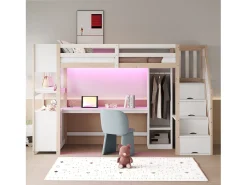 Cama mezanino 90×200 cm - con armário e escrivaninha - escada con armazenamento - con tomadas e LED - Natural