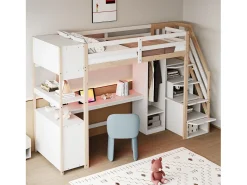 Cama mezanino 90×200 cm - con armário e escrivaninha - escada con armazenamento - con tomadas e LED - Natural