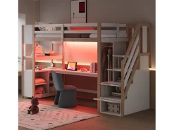Cama mezanino 90×200 cm - con armário e escrivaninha - escada con armazenamento - con tomadas e LED - Natural