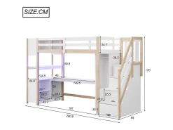 Cama mezanino 90×200 cm - con armário e escrivaninha - escada con armazenamento - con tomadas e LED - Natural