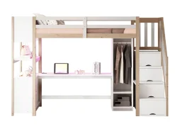 Cama mezanino 90×200 cm - con armário e escrivaninha - escada con armazenamento - con tomadas e LED - Natural