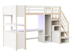Cama mezanino 90×200 cm - con armário e escrivaninha - escada con armazenamento - con tomadas e LED - Natural