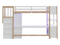 Cama mezanino 90×200 cm - con armário e escrivaninha - escada con armazenamento - con tomadas e LED - Natural