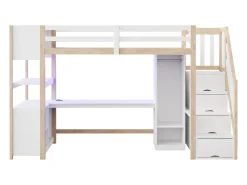 Cama mezanino 90×200 cm - con armário e escrivaninha - escada con armazenamento - con tomadas e LED - Natural